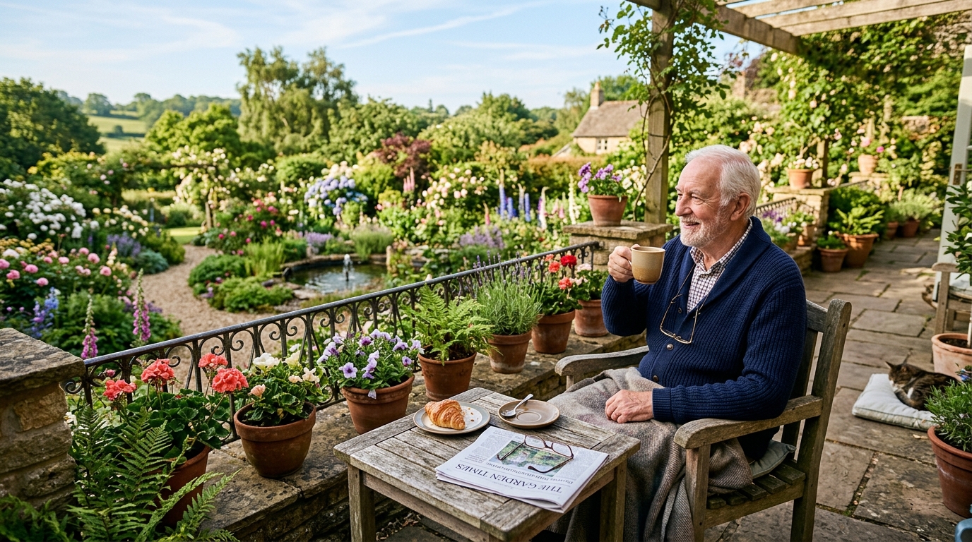 Starší muž pri rannej káve na terase s výhľadom do záhrady