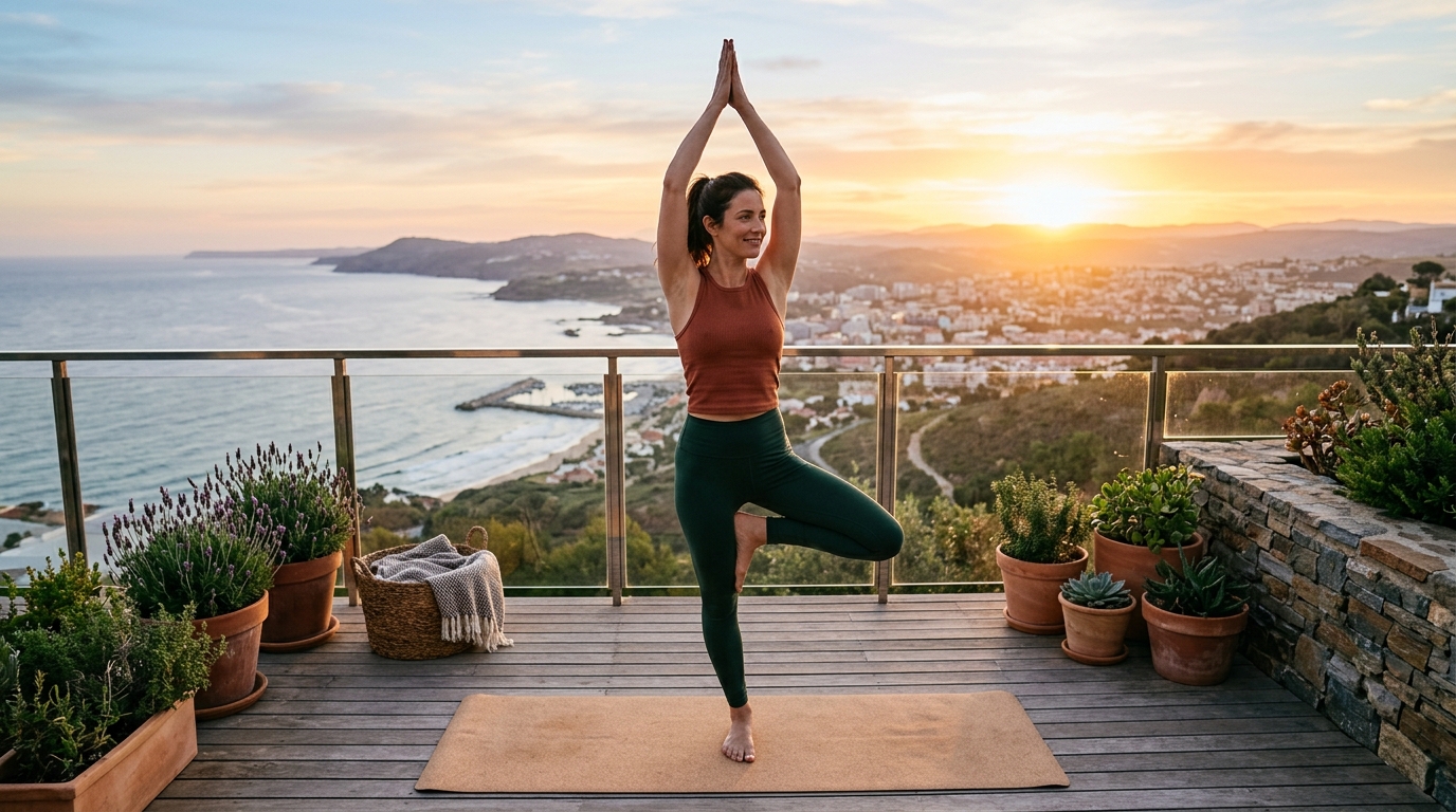 Žena cvičí jogu na terase pri rannom svetle